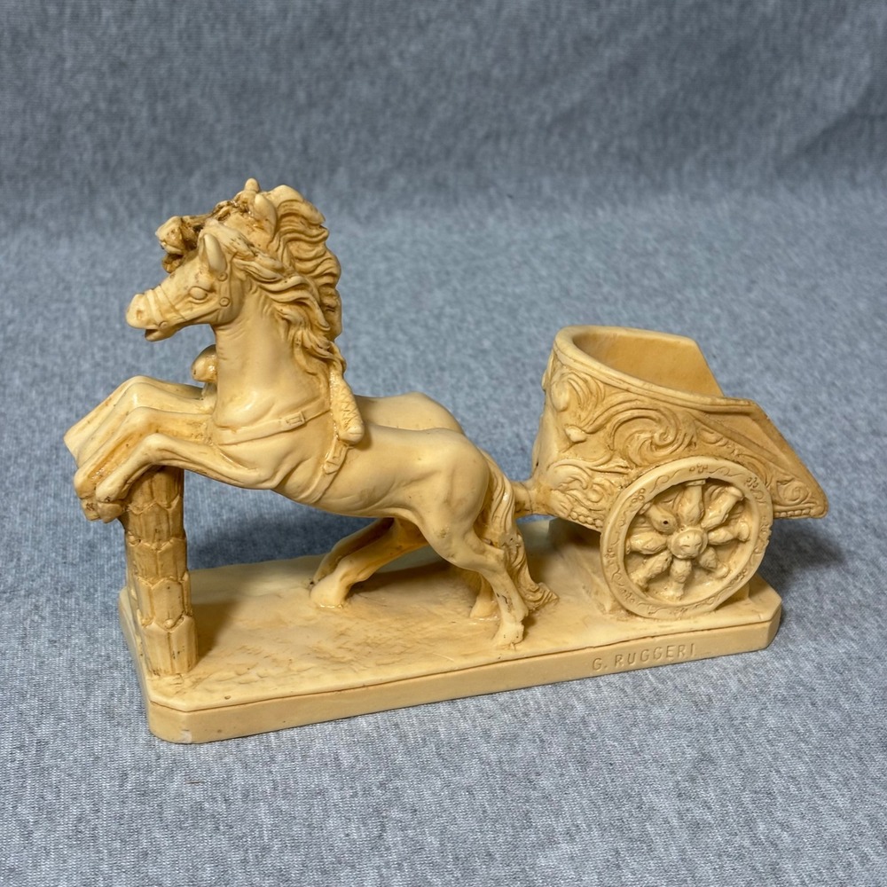 G Ruggeri Roman Chariot Horse Sculpture Italian Resin Alabaster Figurine Cream